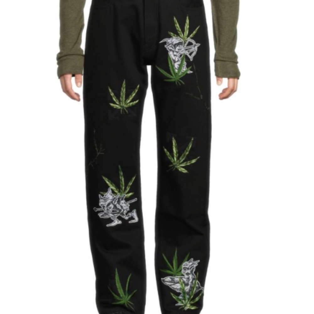 Off-White -Men's Leaf Embroidery Cotton Jeans, Black, size 36 -NEW
